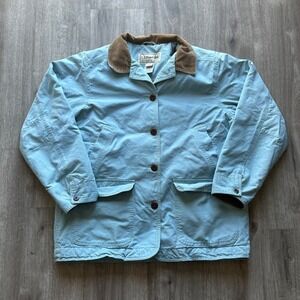 LL Bean Womens Barn Coat Field Jacket Blue Corduroy Trim Quilted Lined L PET